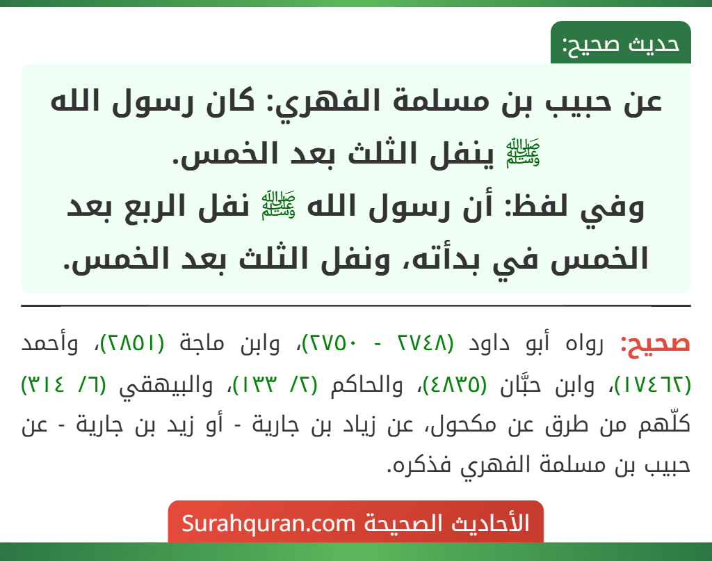 عن حبيب بن مسلمة الفهري: كان رسول الله ﷺ ينفل الثلث بعد الخمس.
وفي لفظ: أن رسول الله ﷺ نفل الربع بعد الخمس في بدأته، ونفل الثلث بعد الخمس.