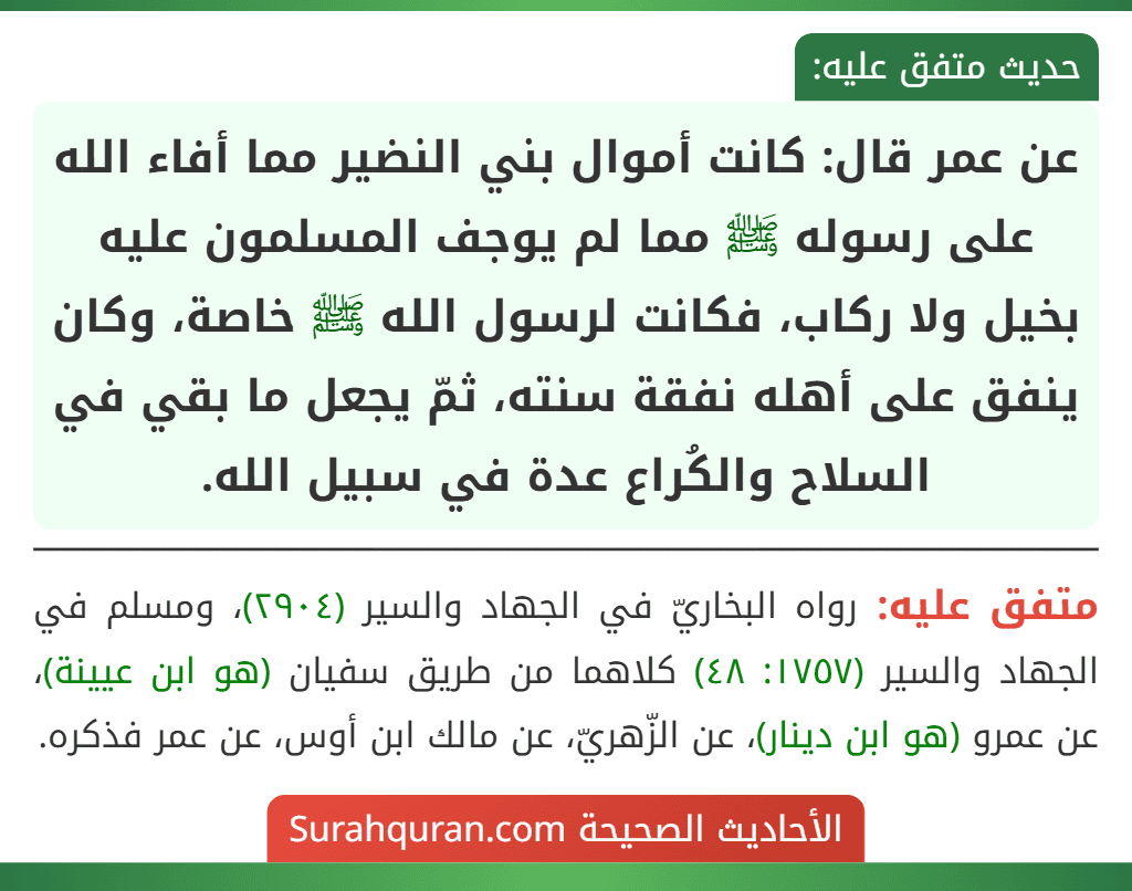 عن عمر قال: كانت أموال بني النضير مما أفاء الله على رسوله ﷺ مما لم يوجف المسلمون عليه بخيل ولا ركاب، فكانت لرسول الله ﷺ خاصة، وكان ينفق على أهله نفقة سنته، ثمّ يجعل ما بقي في السلاح والكُراع عدة في سبيل الله.