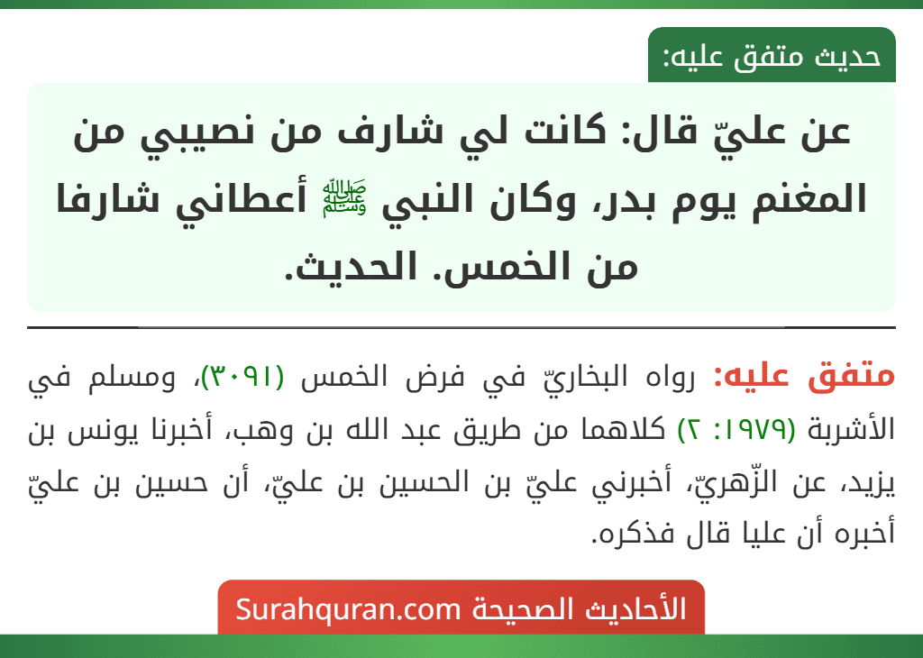 عن عليّ قال: كانت لي شارف من نصيبي من المغنم يوم بدر، وكان النبي ﷺ أعطاني شارفا من الخمس. الحديث. عن عليّ قال: كانت لي شارف من نصيبي من المغنم يوم بدر، وكان النبي ﷺ أعطاني شارفا من الخمس. الحديث.