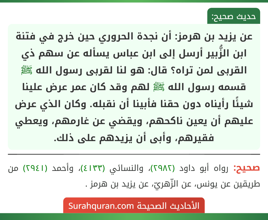 عن يزيد بن هرمز: أن نجدة الحروري حين خرج في فتنة ابن الزُّبير أرسل إلى ابن عباس يسأله عن سهم ذي القربى لمن تراه؟ قال: هو لنا لقربى رسول الله ﷺ قسمه رسول الله ﷺ لهم وقد كان عمر عرض علينا شيئًا رأيناه دون حقنا فأبينا أن نقبله. وكان الذي عرض عليهم أن يعين ناكحهم، ويقضي عن غارمهم، ويعطي فقيرهم، وأبى أن يزيدهم على ذلك.