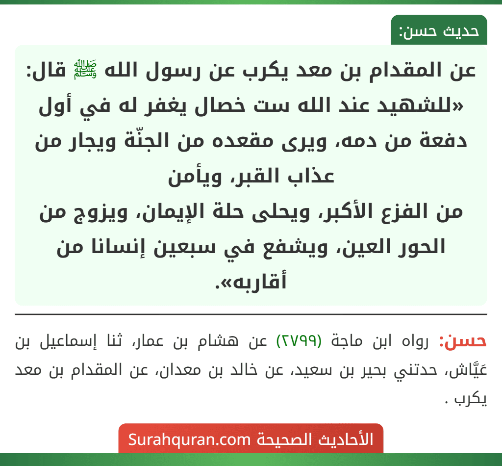 عن المقدام بن معد يكرب عن رسول الله ﷺ قال: «للشهيد عند الله ست خصال يغفر له في أول دفعة من دمه، ويرى مقعده من الجنّة ويجار من عذاب القبر، ويأمن
من الفزع الأكبر، ويحلى حلة الإيمان، ويزوج من الحور العين، ويشفع في سبعين إنسانا من أقاربه».