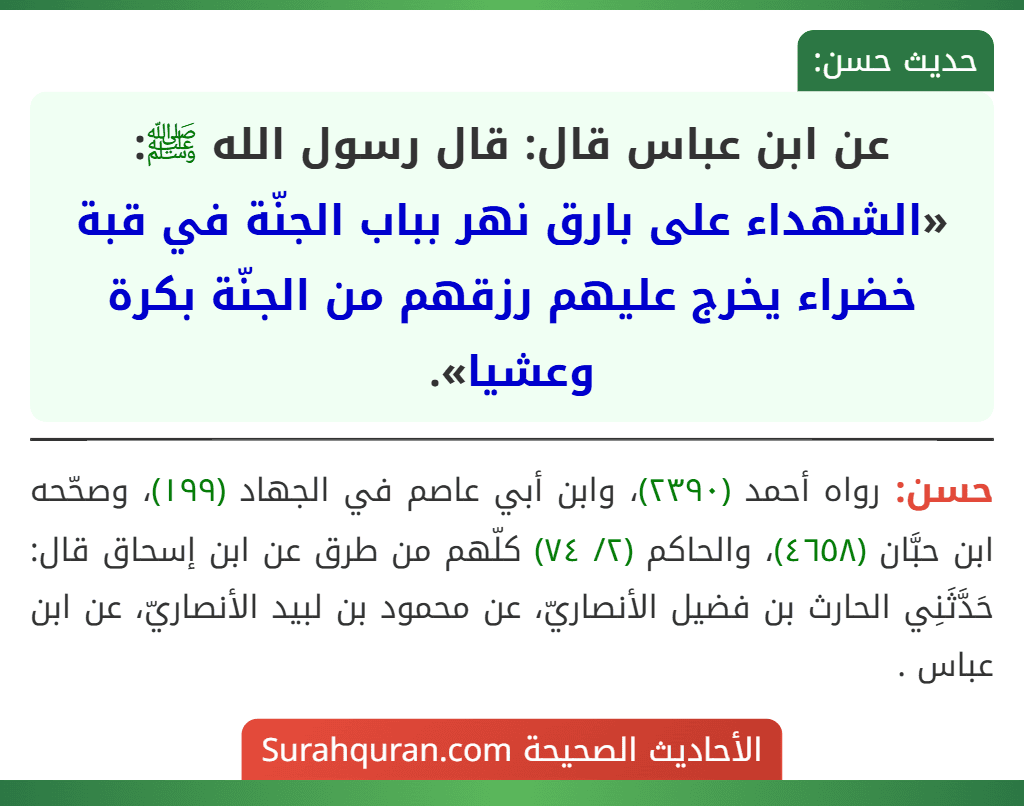 عن ابن عباس قال: قال رسول الله ﷺ: «الشهداء على بارق نهر بباب الجنّة في قبة خضراء يخرج عليهم رزقهم من الجنّة بكرة وعشيا».