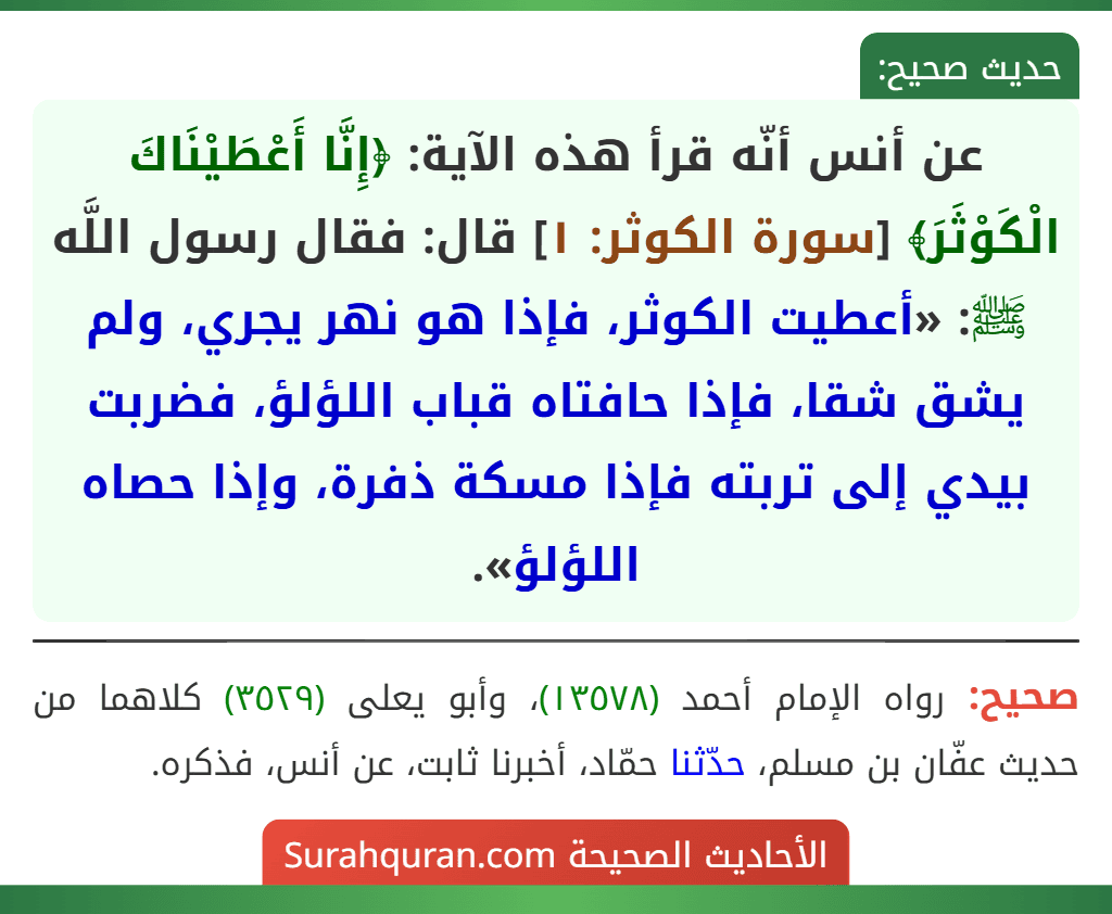 عن أنس أنّه قرأ هذه الآية: ﴿إِنَّا أَعْطَيْنَاكَ الْكَوْثَرَ﴾ [سورة الكوثر: ١] قال: فقال رسول اللَّه ﷺ: «أعطيت الكوثر، فإذا هو نهر يجري، ولم يشق شقا، فإذا حافتاه قباب اللؤلؤ، فضربت بيدي إلى تربته فإذا مسكة ذفرة، وإذا حصاه اللؤلؤ».