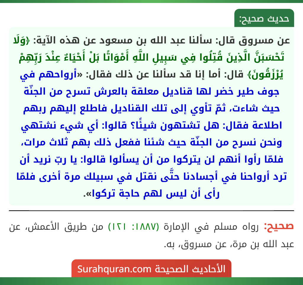 عن مسروق قال: سألنا عبد الله بن مسعود عن هذه الآية: ﴿وَلَا تَحْسَبَنَّ الَّذِينَ قُتِلُوا فِي سَبِيلِ اللَّهِ أَمْوَاتًا بَلْ أَحْيَاءٌ عِنْدَ رَبِّهِمْ يُرْزَقُونَ﴾ قال: أما إنا قد سألنا عن ذلك فقال: «أرواحهم في جوف طير خضر لها قناديل معلقة بالعرش تسرح من الجنّة حيث شاءت، ثمّ تأوي إلى تلك القناديل فاطلع إليهم ربهم اطلاعة فقال: هل تشتهون شيئًا؟ قالوا: أي شيء نشتهي ونحن نسرح من الجنّة حيث شئنا ففعل ذلك بهم ثلاث مرات، فلمّا رأوا أنهم لن يتركوا من أن يسألوا قالوا: يا ربّ نريد أن ترد أرواحنا في أجسادنا حتَّى نقتل في سبيلك مرة أخرى فلمّا رأى أن ليس لهم حاجة تركوا». عن مسروق قال: سألنا عبد الله بن مسعود عن هذه الآية: ﴿وَلَا تَحْسَبَنَّ الَّذِينَ قُتِلُوا فِي سَبِيلِ اللَّهِ أَمْوَاتًا بَلْ أَحْيَاءٌ عِنْدَ رَبِّهِمْ يُرْزَقُونَ﴾ قال: أما إنا قد سألنا عن ذلك فقال: «أرواحهم في جوف طير خضر لها قناديل معلقة بالعرش تسرح من الجنّة حيث شاءت، ثمّ تأوي إلى تلك القناديل فاطلع إليهم ربهم اطلاعة فقال: هل تشتهون شيئًا؟ قالوا: أي شيء نشتهي ونحن نسرح من الجنّة حيث شئنا ففعل ذلك بهم ثلاث مرات، فلمّا رأوا أنهم لن يتركوا من أن يسألوا قالوا: يا ربّ نريد أن ترد أرواحنا في أجسادنا حتَّى نقتل في سبيلك مرة أخرى فلمّا رأى أن ليس لهم حاجة تركوا».