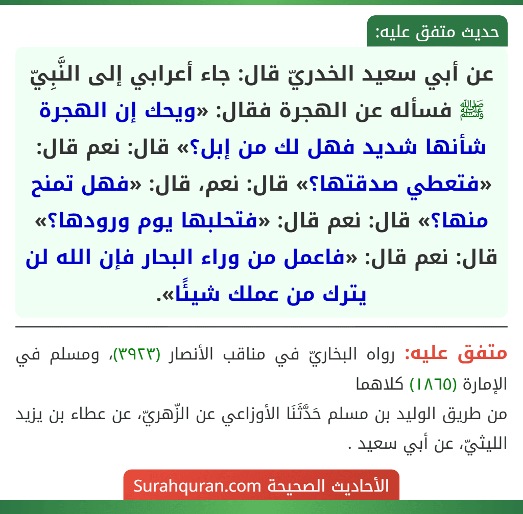 عن أبي سعيد الخدريّ قال: جاء أعرابي إلى النَّبِيّ ﷺ فسأله عن الهجرة فقال: «ويحك إن الهجرة شأنها شديد فهل لك من إبل؟» قال: نعم قال: «فتعطي صدقتها؟» قال: نعم، قال: «فهل تمنح منها؟» قال: نعم قال: «فتحلبها يوم ورودها؟» قال: نعم قال: «فاعمل من وراء البحار فإن الله لن يترك من عملك شيئًا». عن أبي سعيد الخدريّ قال: جاء أعرابي إلى النَّبِيّ ﷺ فسأله عن الهجرة فقال: «ويحك إن الهجرة شأنها شديد فهل لك من إبل؟» قال: نعم قال: «فتعطي صدقتها؟» قال: نعم، قال: «فهل تمنح منها؟» قال: نعم قال: «فتحلبها يوم ورودها؟» قال: نعم قال: «فاعمل من وراء البحار فإن الله لن يترك من عملك شيئًا».