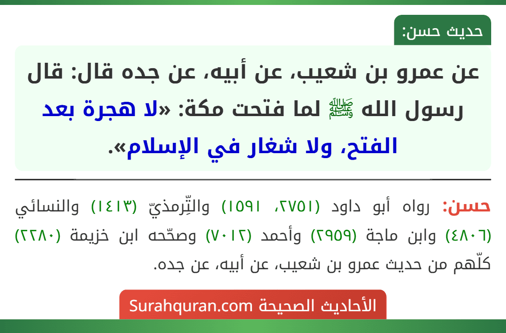 عن عمرو بن شعيب، عن أبيه، عن جده قال: قال رسول الله ﷺ لما فتحت مكة: «لا هجرة بعد الفتح، ولا شغار في الإسلام».