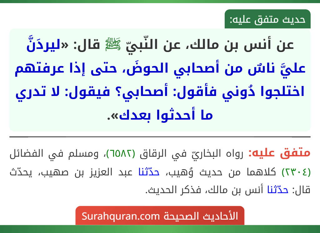 عن أنس بن مالك، عن النّبيّ ﷺ قال: «ليردَنَّ عليَّ ناسٌ من أصحابي الحوضَ، حتى إذا عرفتهم اختلجوا دُوني فأقول: أصحابي؟ فيقول: لا تدري ما أحدثوا بعدك».