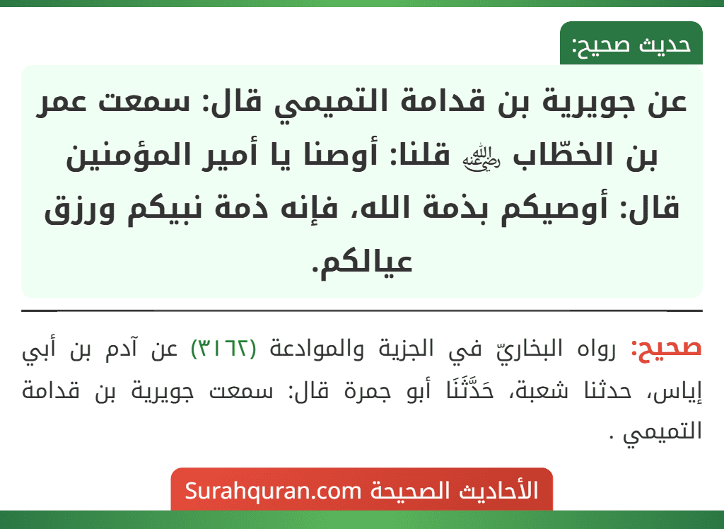 عن جويرية بن قدامة التميمي قال: سمعت عمر بن الخطّاب ﵁ قلنا: أوصنا يا أمير المؤمنين قال: أوصيكم بذمة الله، فإنه ذمة نبيكم ورزق عيالكم.