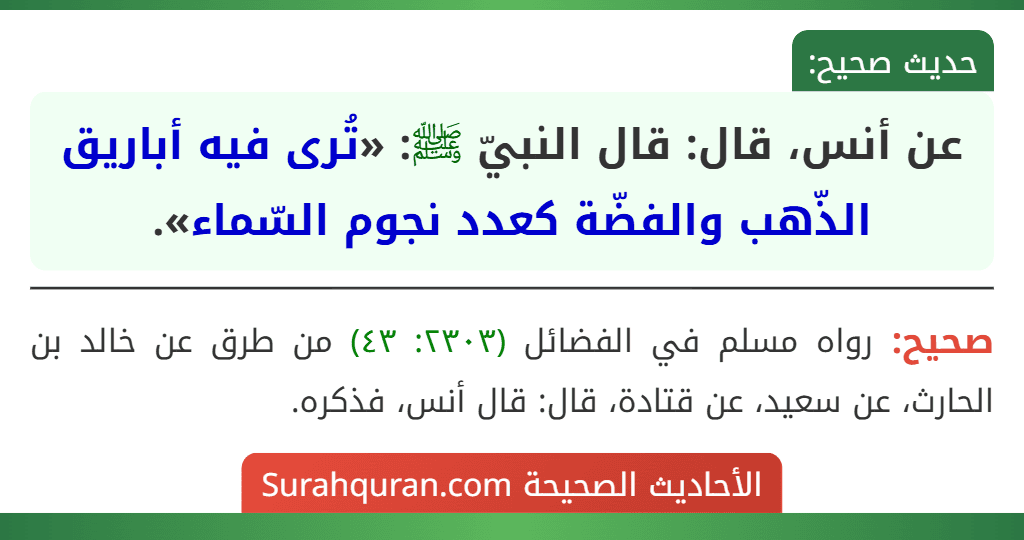 عن أنس، قال: قال النبيّ ﷺ: «تُرى فيه أباريق الذّهب والفضّة كعدد نجوم السّماء».