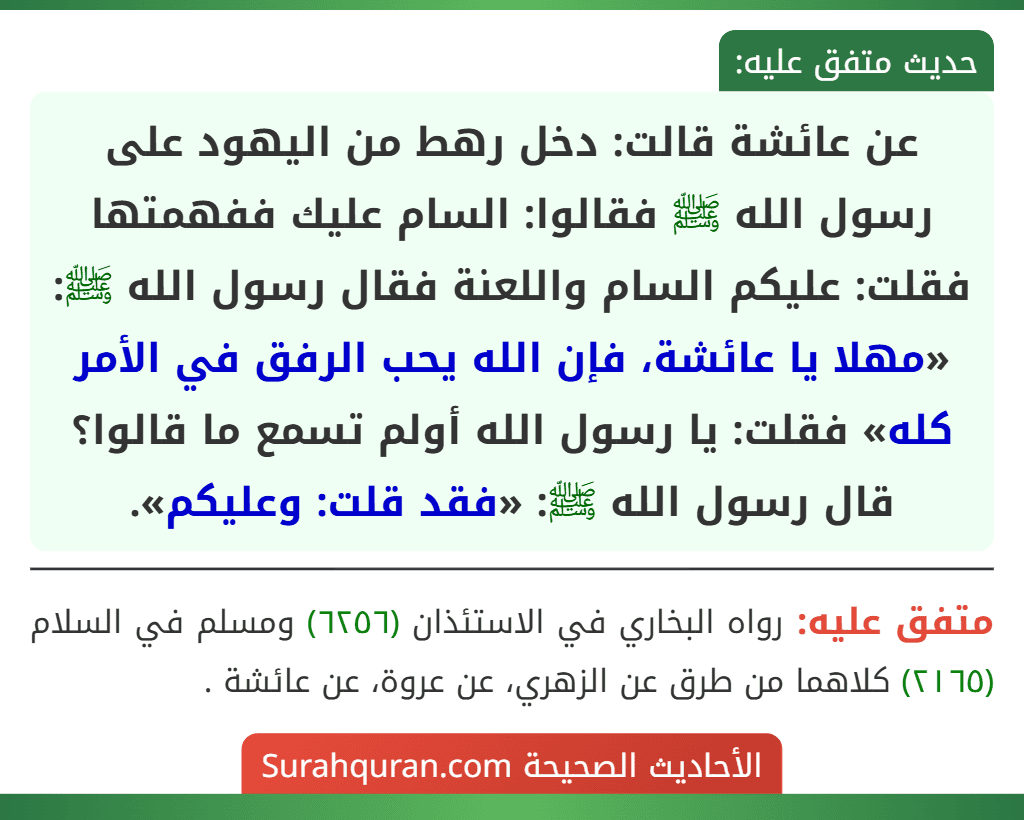 عن عائشة قالت: دخل رهط من اليهود على رسول الله ﷺ فقالوا: السام عليك ففهمتها فقلت: عليكم السام واللعنة فقال رسول الله ﷺ: «مهلا يا عائشة، فإن الله يحب الرفق في الأمر كله» فقلت: يا رسول الله أولم تسمع ما قالوا؟ قال رسول الله ﷺ: «فقد قلت: وعليكم».