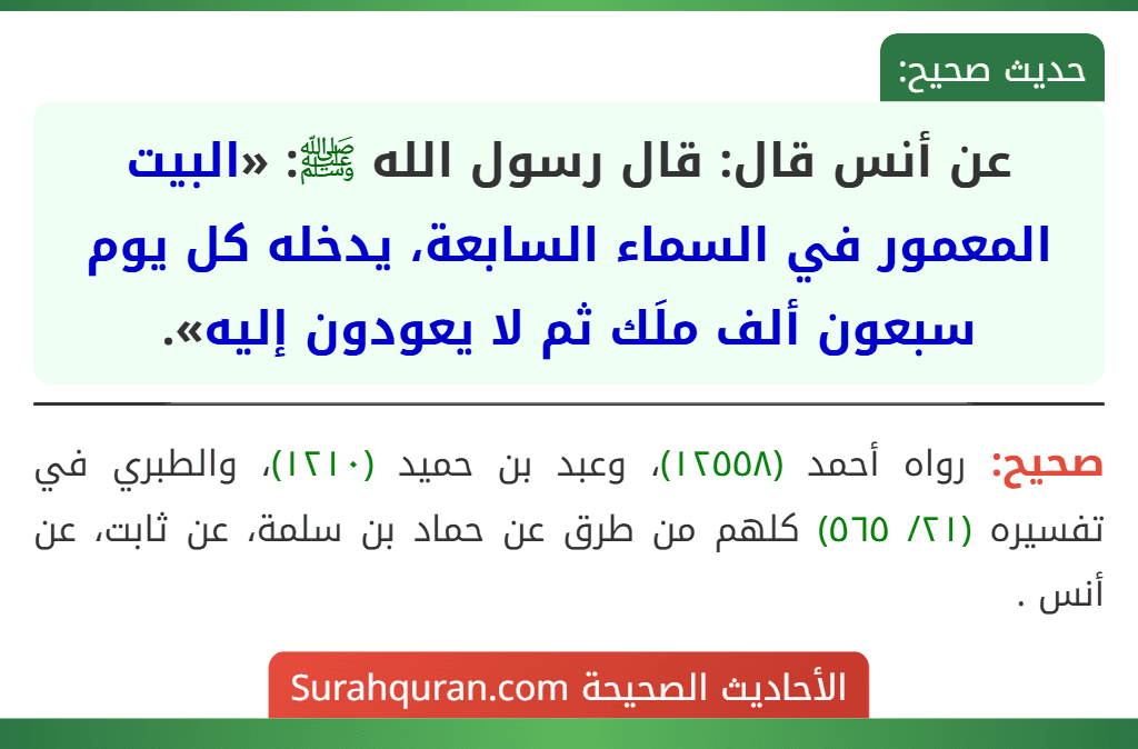 عن أنس قال: قال رسول الله ﷺ: «البيت المعمور في السماء السابعة، يدخله كل يوم سبعون ألف ملَك ثم لا يعودون إليه». عن أنس قال: قال رسول الله ﷺ: «البيت المعمور في السماء السابعة، يدخله كل يوم سبعون ألف ملَك ثم لا يعودون إليه».