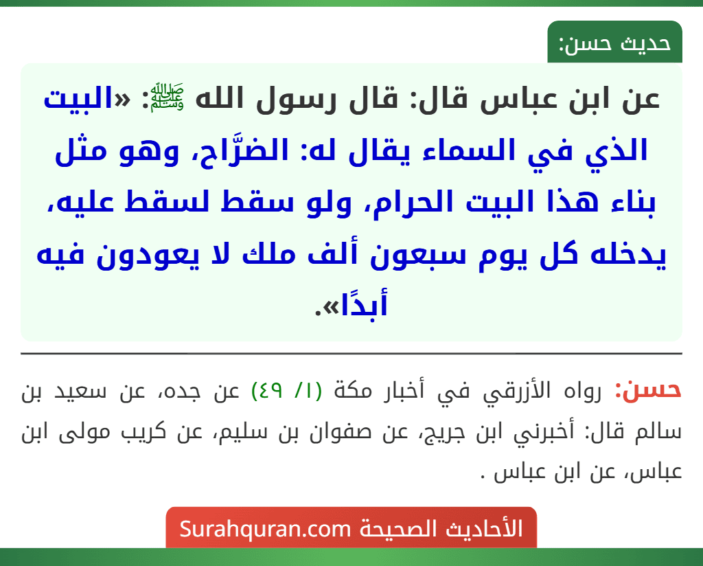 عن ابن عباس قال: قال رسول الله ﷺ: «البيت الذي في السماء يقال له: الضرَّاح، وهو مثل بناء هذا البيت الحرام، ولو سقط لسقط عليه، يدخله كل يوم سبعون ألف ملك لا يعودون فيه أبدًا».