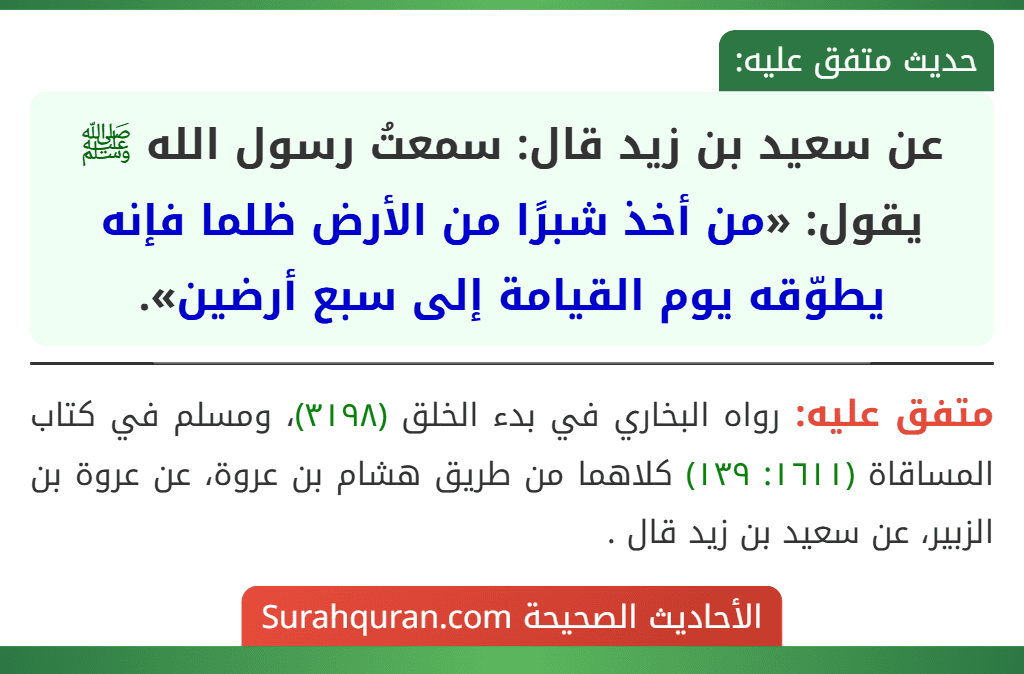 عن سعيد بن زيد قال: سمعتُ رسول الله ﷺ يقول: «من أخذ شبرًا من الأرض ظلما فإنه يطوّقه يوم القيامة إلى سبع أرضين».