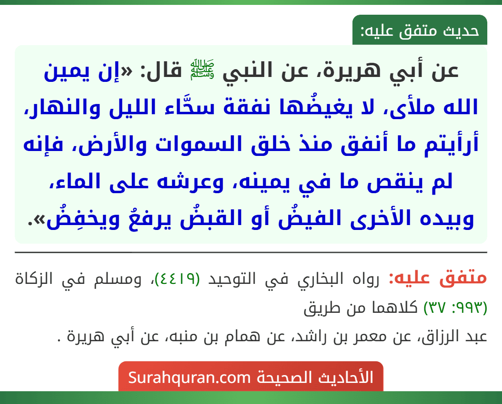 عن أبي هريرة، عن النبي ﷺ قال: «إن يمين الله ملأى، لا يغيضُها نفقة سحَّاء الليل والنهار، أرأيتم ما أنفق منذ خلق السموات والأرض، فإنه لم ينقص ما في يمينه، وعرشه على الماء، وبيده الأخرى الفيضُ أو القبضُ يرفعُ ويخفِضُ». عن أبي هريرة، عن النبي ﷺ قال: «إن يمين الله ملأى، لا يغيضُها نفقة سحَّاء الليل والنهار، أرأيتم ما أنفق منذ خلق السموات والأرض، فإنه لم ينقص ما في يمينه، وعرشه على الماء، وبيده الأخرى الفيضُ أو القبضُ يرفعُ ويخفِضُ».
