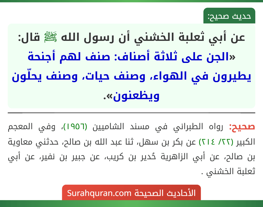 عن أبي ثعلبة الخشني أن رسول الله ﷺ قال: «الجن على ثلاثة أصناف: صنف لهم أجنحة يطيرون في الهواء، وصنف حيات، وصنف يحلّون ويظعنون».