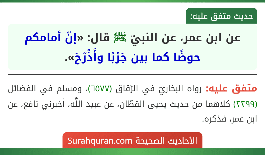 عن ابن عمر، عن النبيّ ﷺ قال: «إنّ أمامكم حوضًا كما بين جَرْبًا وأَذْرُحَ».