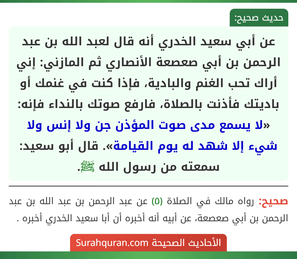 عن أبي سعيد الخدري أنه قال لعبد الله بن عبد الرحمن بن أبي صعصعة الأنصاري ثم المازني: إني أراك تحب الغنم والبادية، فإذا كنت في غنمك أو باديتك فأذنت بالصلاة، فارفع صوتك بالنداء فإنه: «لا يسمع مدى صوت المؤذن جن ولا إنس ولا شيء إلا شهد له يوم القيامة». قال أبو سعيد: سمعته من رسول الله ﷺ. عن أبي سعيد الخدري أنه قال لعبد الله بن عبد الرحمن بن أبي صعصعة الأنصاري ثم المازني: إني أراك تحب الغنم والبادية، فإذا كنت في غنمك أو باديتك فأذنت بالصلاة، فارفع صوتك بالنداء فإنه: «لا يسمع مدى صوت المؤذن جن ولا إنس ولا شيء إلا شهد له يوم القيامة». قال أبو سعيد: سمعته من رسول الله ﷺ.