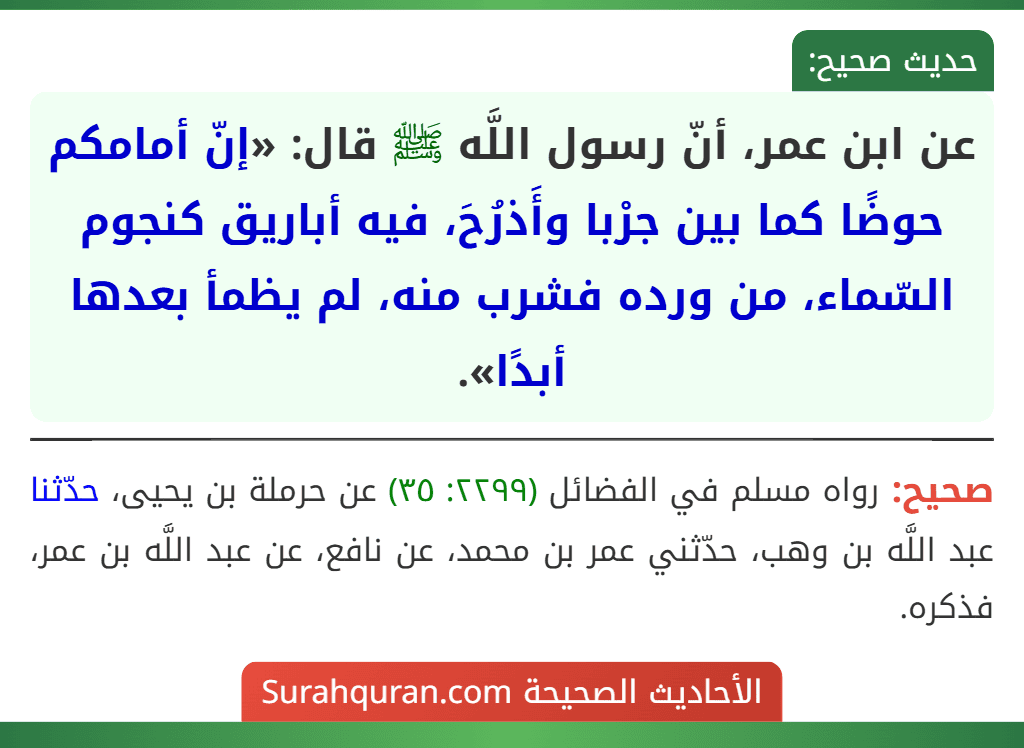 عن ابن عمر، أنّ رسول اللَّه ﷺ قال: «إنّ أمامكم حوضًا كما بين جرْبا وأَذرُحَ، فيه أباريق كنجوم السّماء، من ورده فشرب منه، لم يظمأ بعدها أبدًا».