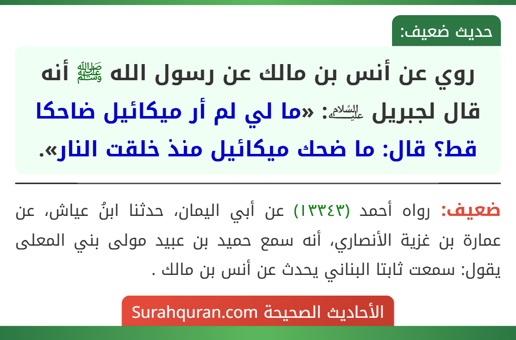 روي عن أنس بن مالك عن رسول الله ﷺ أنه قال لجبريل ﵇: «ما لي لم أر ميكائيل ضاحكا قط؟ قال: ما ضحك ميكائيل منذ خلقت النار».