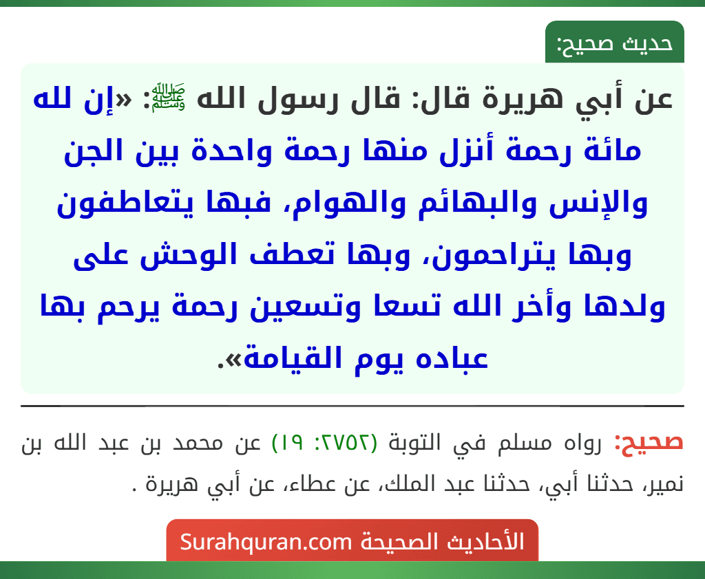 عن أبي هريرة قال: قال رسول الله ﷺ: «إن لله مائة رحمة أنزل منها رحمة واحدة بين الجن والإنس والبهائم والهوام، فبها يتعاطفون وبها يتراحمون، وبها تعطف الوحش على ولدها وأخر الله تسعا وتسعين رحمة يرحم بها عباده يوم القيامة». عن أبي هريرة قال: قال رسول الله ﷺ: «إن لله مائة رحمة أنزل منها رحمة واحدة بين الجن والإنس والبهائم والهوام، فبها يتعاطفون وبها يتراحمون، وبها تعطف الوحش على ولدها وأخر الله تسعا وتسعين رحمة يرحم بها عباده يوم القيامة».