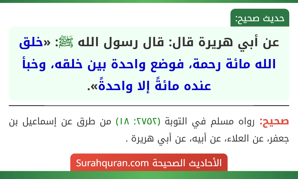 عن أبي هريرة قال: قال رسول الله ﷺ: «خلق الله مائة رحمة، فوضع واحدة بين خلقه، وخبأ عنده مائةً إلا واحدةً».