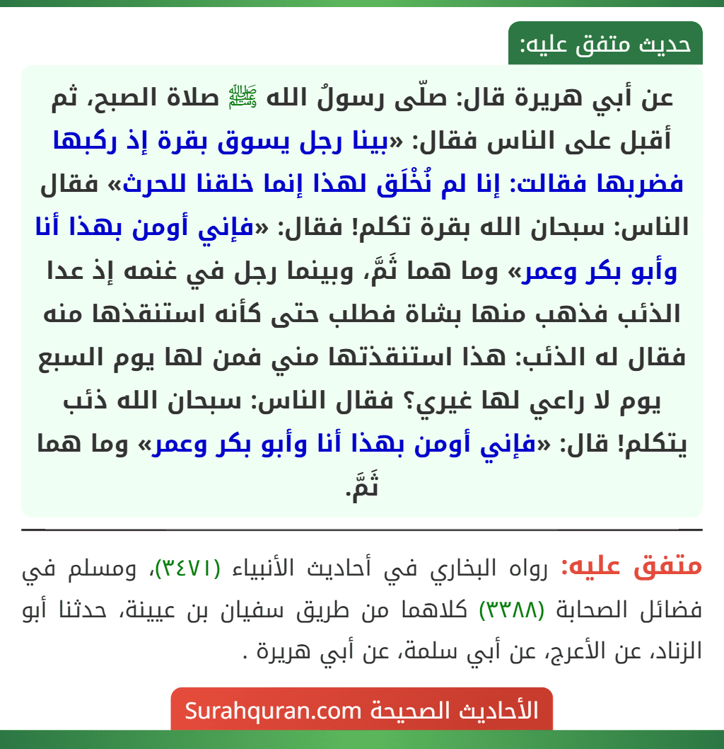 عن أبي هريرة قال: صلّى رسولُ الله ﷺ صلاة الصبح، ثم أقبل على الناس فقال: «بينا رجل يسوق بقرة إذ ركبها فضربها فقالت: إنا لم نُخْلَق لهذا إنما خلقنا للحرث» فقال الناس: سبحان الله بقرة تكلم! فقال: «فإني أومن بهذا أنا وأبو بكر وعمر» وما هما ثَمَّ، وبينما رجل في غنمه إذ عدا الذئب فذهب منها بشاة فطلب حتى كأنه استنقذها منه فقال له الذئب: هذا استنقذتها مني فمن لها يوم السبع يوم لا راعي لها غيري؟ فقال الناس: سبحان الله ذئب يتكلم! قال: «فإني أومن بهذا أنا وأبو بكر وعمر» وما هما ثَمَّ.