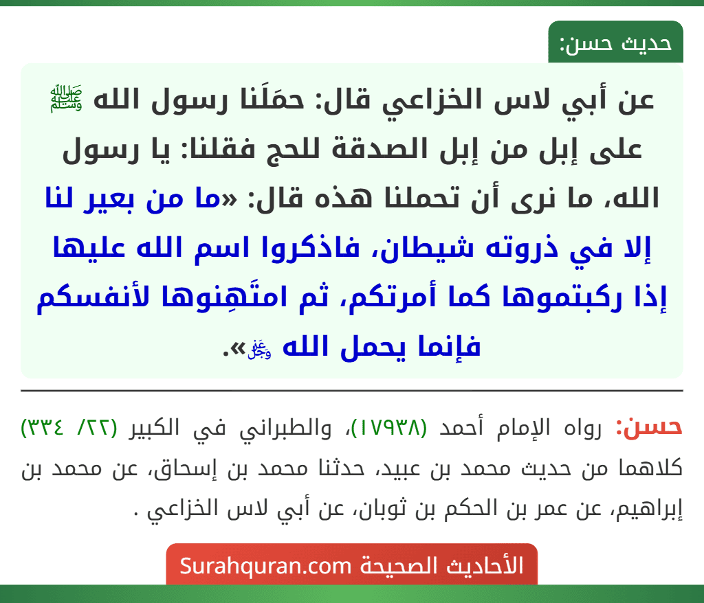 عن أبي لاس الخزاعي قال: حمَلَنا رسول الله ﷺ على إبل من إبل الصدقة للحج فقلنا: يا رسول الله، ما نرى أن تحملنا هذه قال: «ما من بعير لنا إلا في ذروته شيطان، فاذكروا اسم الله عليها إذا ركبتموها كما أمرتكم، ثم امتَهِنوها لأنفسكم فإنما يحمل الله ﷿».