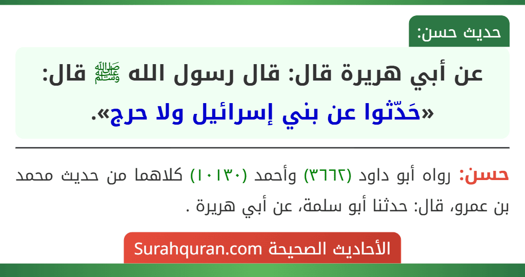 عن أبي هريرة قال: قال رسول الله ﷺ قال: «حَدّثوا عن بني إسرائيل ولا حرج».