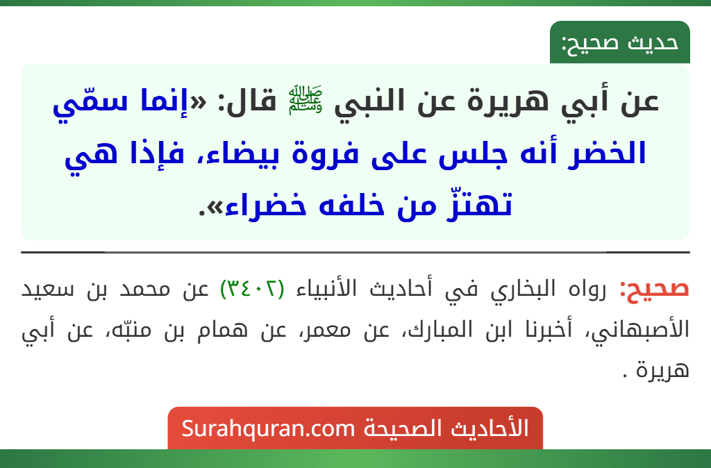 عن أبي هريرة عن النبي ﷺ قال: «إنما سمّي الخضر أنه جلس على فروة بيضاء، فإذا هي تهتزّ من خلفه خضراء».
