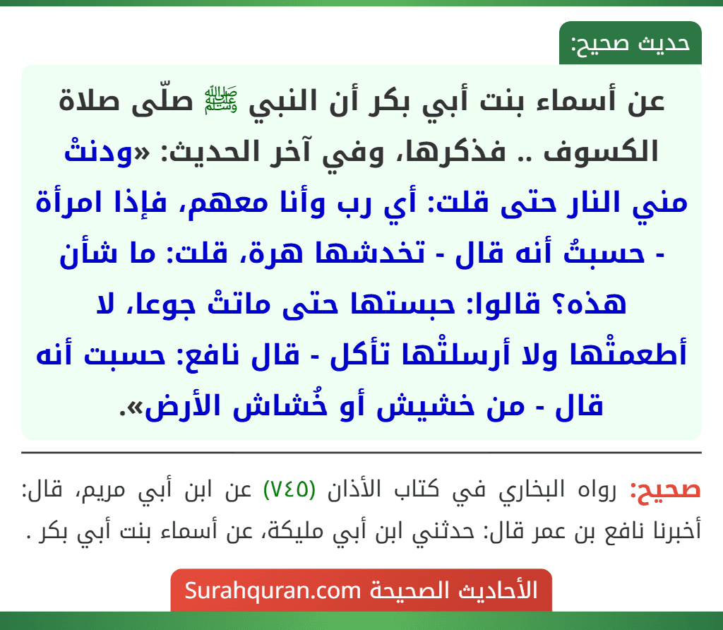 عن أسماء بنت أبي بكر أن النبي ﷺ صلّى صلاة الكسوف .. فذكرها، وفي آخر الحديث: «ودنتْ مني النار حتى قلت: أي رب وأنا معهم، فإذا امرأة - حسبتُ أنه قال - تخدشها هرة، قلت: ما شأن هذه؟ قالوا: حبستها حتى ماتتْ جوعا، لا أطعمتْها ولا أرسلتْها تأكل - قال نافع: حسبت أنه قال - من خشيش أو خُشاش الأرض». عن أسماء بنت أبي بكر أن النبي ﷺ صلّى صلاة الكسوف .. فذكرها، وفي آخر الحديث: «ودنتْ مني النار حتى قلت: أي رب وأنا معهم، فإذا امرأة - حسبتُ أنه قال - تخدشها هرة، قلت: ما شأن هذه؟ قالوا: حبستها حتى ماتتْ جوعا، لا أطعمتْها ولا أرسلتْها تأكل - قال نافع: حسبت أنه قال - من خشيش أو خُشاش الأرض».