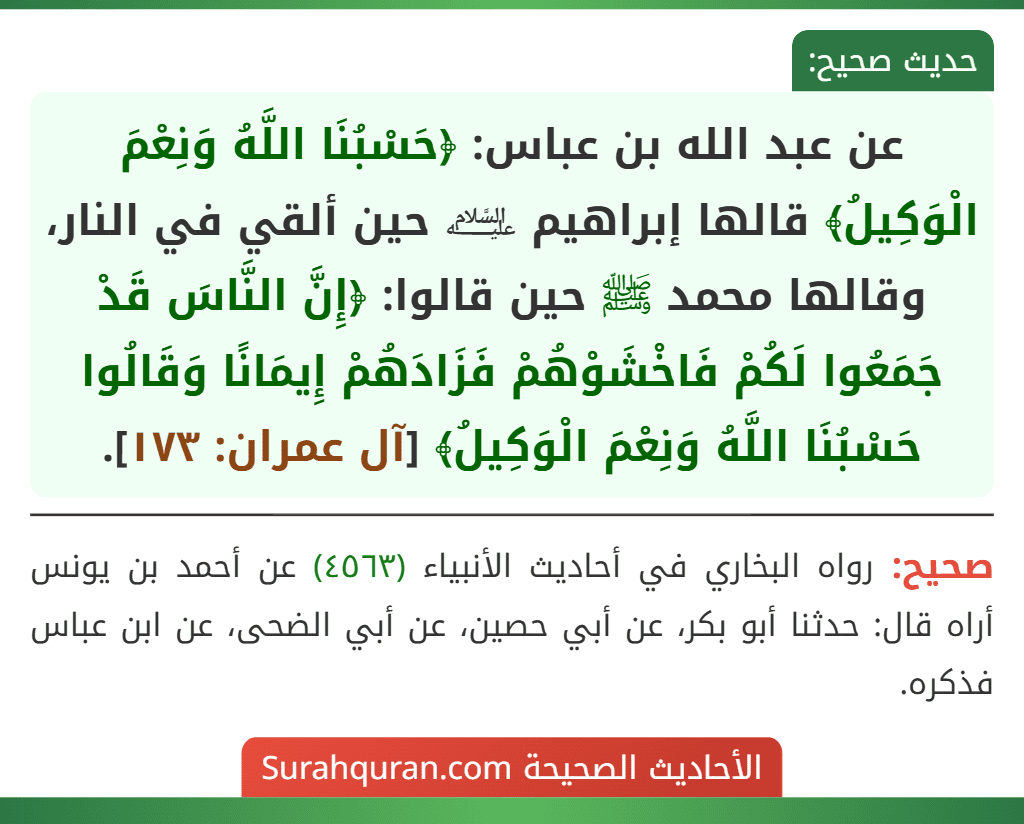 عن عبد الله بن عباس: ﴿حَسْبُنَا اللَّهُ وَنِعْمَ الْوَكِيلُ﴾ قالها إبراهيم ﵇ حين ألقي في النار، وقالها محمد ﷺ حين قالوا: ﴿إِنَّ النَّاسَ قَدْ جَمَعُوا لَكُمْ فَاخْشَوْهُمْ فَزَادَهُمْ إِيمَانًا وَقَالُوا حَسْبُنَا اللَّهُ وَنِعْمَ الْوَكِيلُ﴾ [آل عمران: ١٧٣].