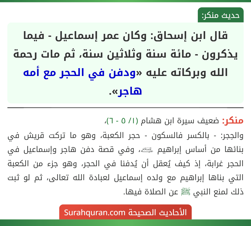 قال ابن إسحاق: وكان عمر إسماعيل - فيما يذكرون - مائة سنة وثلاثين سنة، ثم مات رحمة الله وبركاته عليه «ودفن في الحجر مع أمه هاجر». قال ابن إسحاق: وكان عمر إسماعيل - فيما يذكرون - مائة سنة وثلاثين سنة، ثم مات رحمة الله وبركاته عليه «ودفن في الحجر مع أمه هاجر».
