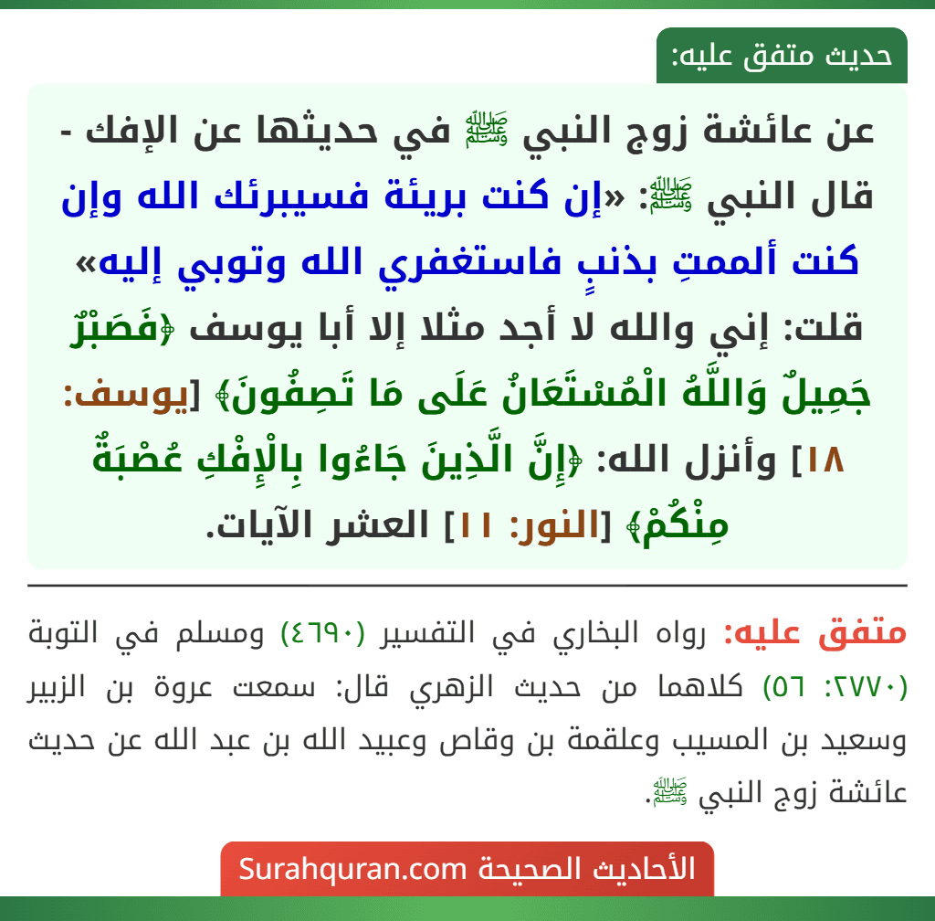 عن عائشة زوج النبي ﷺ في حديثها عن الإفك - قال النبي ﷺ: «إن كنت بريئة فسيبرئك الله وإن كنت ألممتِ بذنبٍ فاستغفري الله وتوبي إليه» قلت: إني والله لا أجد مثلا إلا أبا يوسف ﴿فَصَبْرٌ جَمِيلٌ وَاللَّهُ الْمُسْتَعَانُ عَلَى مَا تَصِفُونَ﴾ [يوسف: ١٨] وأنزل الله: ﴿إِنَّ الَّذِينَ جَاءُوا بِالْإِفْكِ عُصْبَةٌ مِنْكُمْ﴾ [النور: ١١] العشر الآيات.