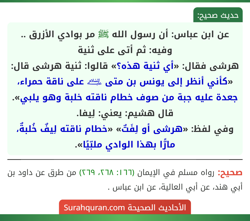 عن ابن عباس: أن رسول الله ﷺ مر بوادي الأزرق .. وفيه: ثم أتى على ثنية
هرشى فقال: «أي ثنية هذه؟» قالوا: ثنية هرشى قال: «كأني أنظر إلى يونس بن متى ﵇ على ناقة حمراء، جعدة عليه جبة من صوف خطام ناقته خلبة وهو يلبي».
قال هشيم: يعني: لِيفا.
وفي لفظ: «هرشى أو لِفَتٌ» «خطام ناقته لِيفٌ خُلبةٌ، مارًّا بهذا الوادي ملبّيًا».