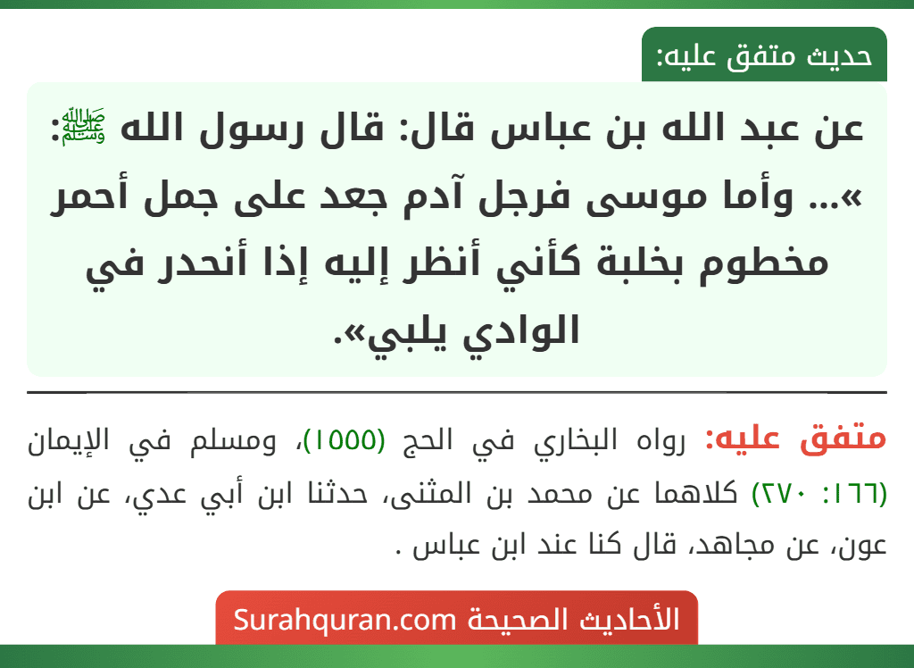عن عبد الله بن عباس قال: قال رسول الله ﷺ: »... وأما موسى فرجل آدم جعد على جمل أحمر مخطوم بخلبة كأني أنظر إليه إذا أنحدر في الوادي يلبي».