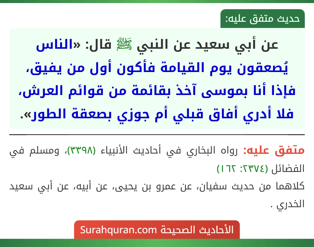 عن أبي سعيد عن النبي ﷺ قال: «الناس يُصعقون يوم القيامة فأكون أول من يفيق، فإذا أنا بموسى آخذ بقائمة من قوائم العرش، فلا أدري أفاق قبلي أم جوزي بصعقة الطور». عن أبي سعيد عن النبي ﷺ قال: «الناس يُصعقون يوم القيامة فأكون أول من يفيق، فإذا أنا بموسى آخذ بقائمة من قوائم العرش، فلا أدري أفاق قبلي أم جوزي بصعقة الطور».