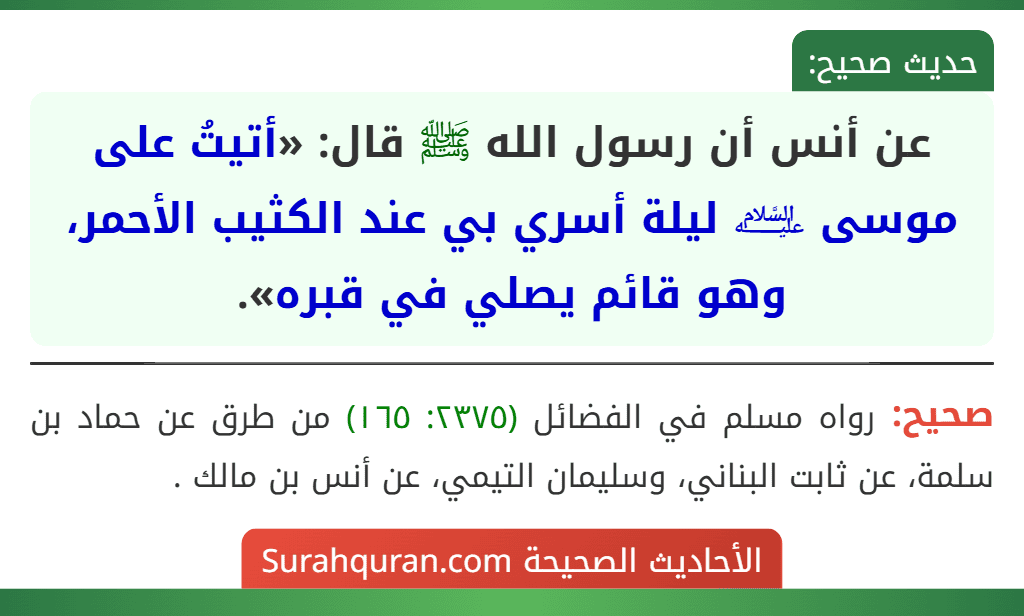 عن أنس أن رسول الله ﷺ قال: «أتيتُ على موسى ﵇ ليلة أسري بي عند الكثيب الأحمر، وهو قائم يصلي في قبره». عن أنس أن رسول الله ﷺ قال: «أتيتُ على موسى ﵇ ليلة أسري بي عند الكثيب الأحمر، وهو قائم يصلي في قبره».