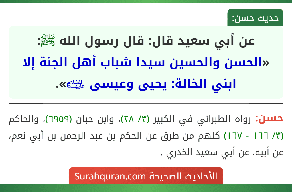 عن أبي سعيد قال: قال رسول الله ﷺ: «الحسن والحسين سيدا شباب أهل الجنة إلا ابني الخالة: يحيى وعيسى ﵉».