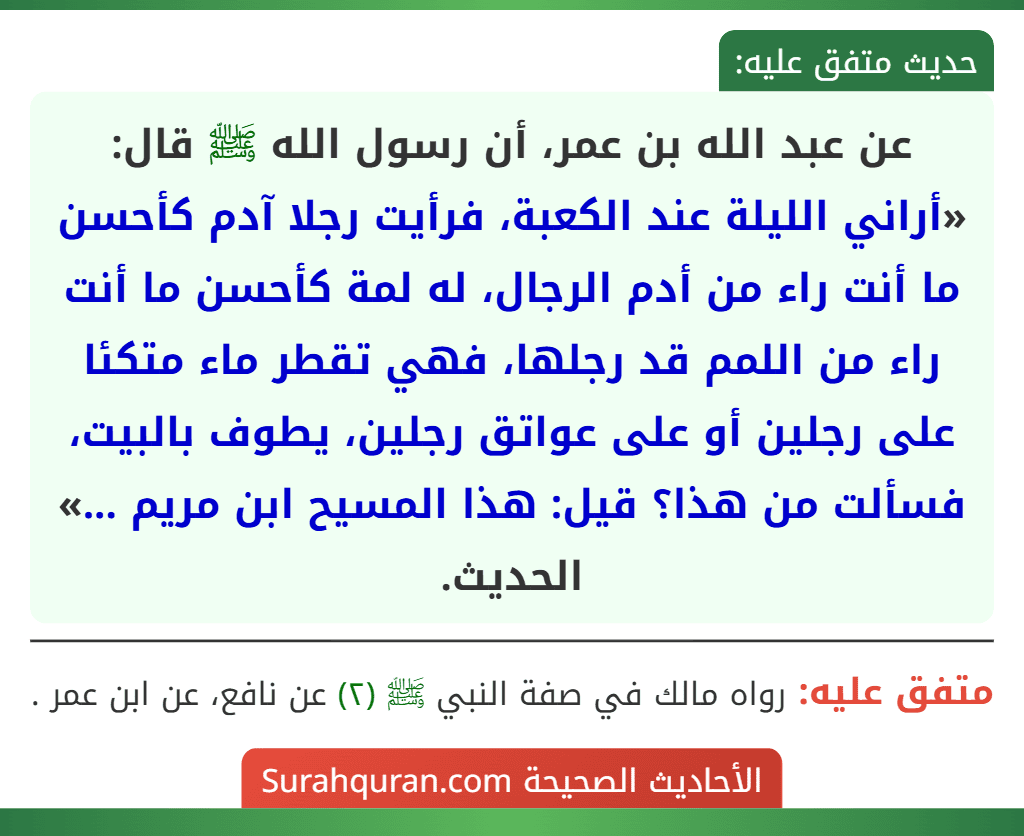 عن عبد الله بن عمر، أن رسول الله ﷺ قال: «أراني الليلة عند الكعبة، فرأيت رجلا آدم كأحسن ما أنت راء من أدم الرجال، له لمة كأحسن ما أنت راء من اللمم قد رجلها، فهي تقطر ماء متكئا على رجلين أو على عواتق رجلين، يطوف بالبيت، فسألت من هذا؟ قيل: هذا المسيح ابن مريم ...» الحديث. عن عبد الله بن عمر، أن رسول الله ﷺ قال: «أراني الليلة عند الكعبة، فرأيت رجلا آدم كأحسن ما أنت راء من أدم الرجال، له لمة كأحسن ما أنت راء من اللمم قد رجلها، فهي تقطر ماء متكئا على رجلين أو على عواتق رجلين، يطوف بالبيت، فسألت من هذا؟ قيل: هذا المسيح ابن مريم ...» الحديث.