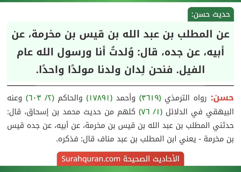 عن المطلب بن عبد الله بن قيس بن مخرمة، عن أبيه، عن جده، قال: وُلدتُ أنا ورسول الله عام الفيل. فنحن لِدان ولدنا مولدًا واحدًا.