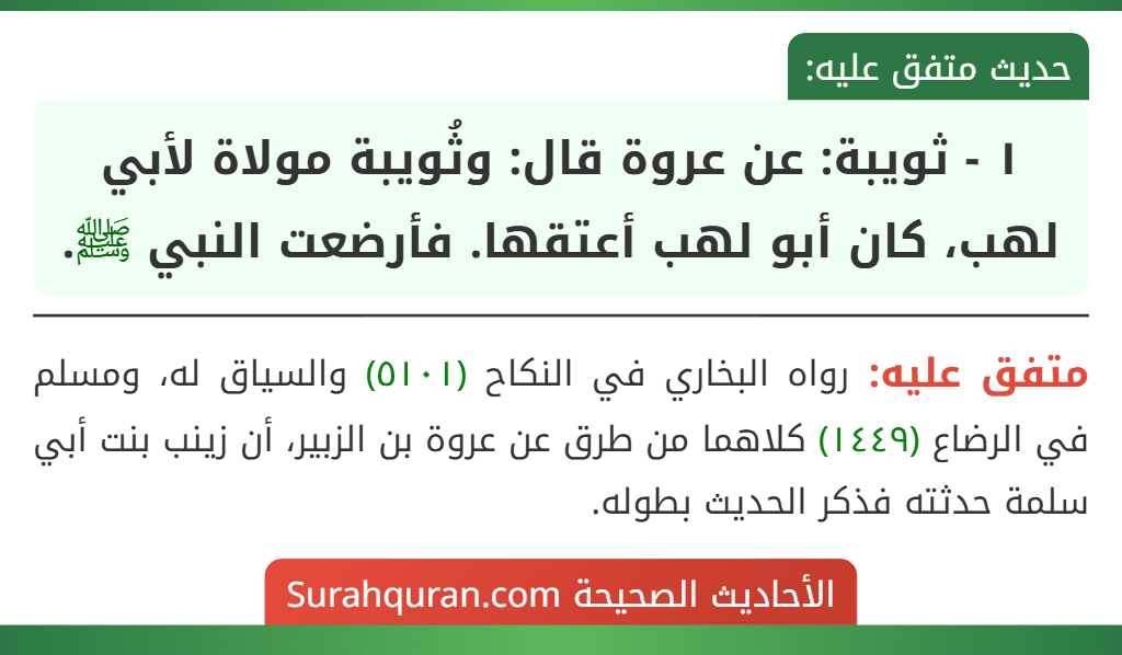 ١ - ثويبة: عن عروة قال: وثُويبة مولاة لأبي لهب، كان أبو لهب أعتقها. فأرضعت النبي ﷺ.