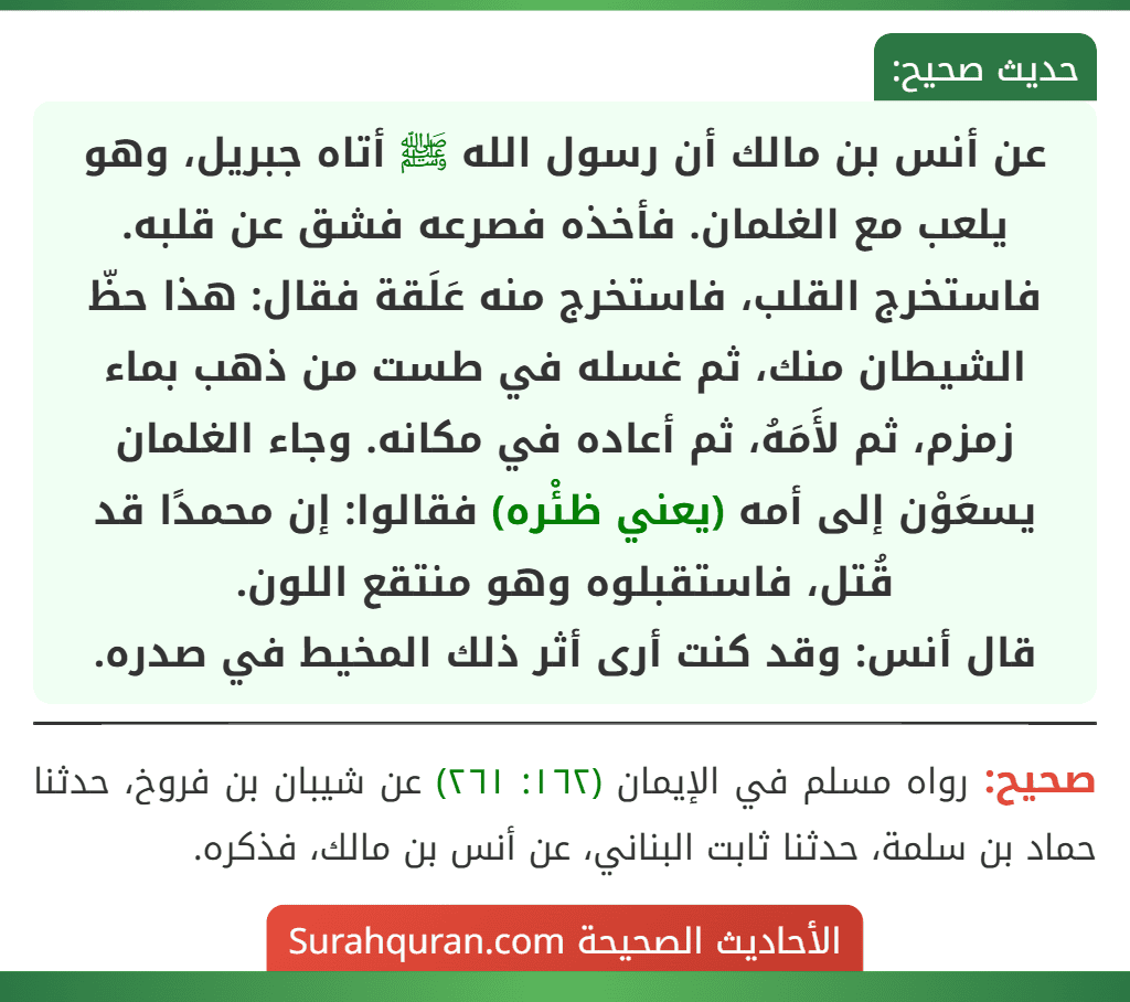 عن أنس بن مالك أن رسول الله ﷺ أتاه جبريل، وهو يلعب مع الغلمان. فأخذه فصرعه فشق عن قلبه. فاستخرج القلب، فاستخرج منه عَلَقة فقال: هذا حظّ الشيطان منك، ثم غسله في طست من ذهب بماء زمزم، ثم لأَمَهُ، ثم أعاده في مكانه. وجاء الغلمان يسعَوْن إلى أمه (يعني ظئْره) فقالوا: إن محمدًا قد قُتل، فاستقبلوه وهو منتقع اللون.
قال أنس: وقد كنت أرى أثر ذلك المخيط في صدره.