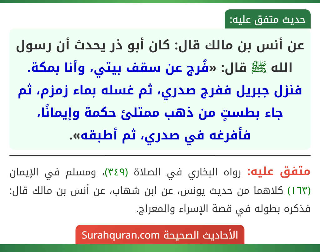 عن أنس بن مالك قال: كان أبو ذر يحدث أن رسول الله ﷺ قال: «فُرج عن سقف بيتي، وأنا بمكة. فنزل جبريل ففرج صدري، ثم غسله بماء زمزم، ثم جاء بطستٍ من ذهب ممتلئ حكمة وإيمانًا، فأفرغه في صدري، ثم أطبقه».