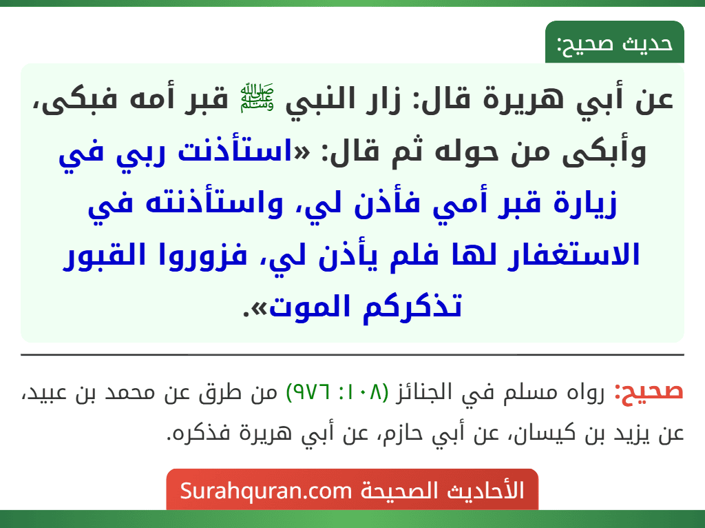 عن أبي هريرة قال: زار النبي ﷺ قبر أمه فبكى، وأبكى من حوله ثم قال: «استأذنت ربي في زيارة قبر أمي فأذن لي، واستأذنته في الاستغفار لها فلم يأذن لي، فزوروا القبور تذكركم الموت».