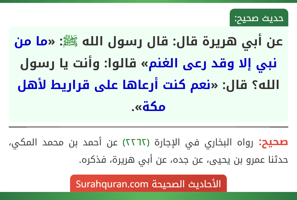 عن أبي هريرة قال: قال رسول الله ﷺ: «ما من نبي إلا وقد رعى الغنم» قالوا: وأنت يا رسول الله؟ قال: «نعم كنت أرعاها على قراريط لأهل مكة».
