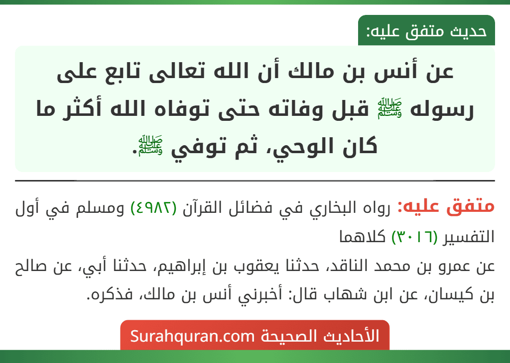 عن أنس بن مالك أن الله تعالى تابع على رسوله ﷺ قبل وفاته حتى توفاه الله أكثر ما كان الوحي، ثم توفي ﷺ.