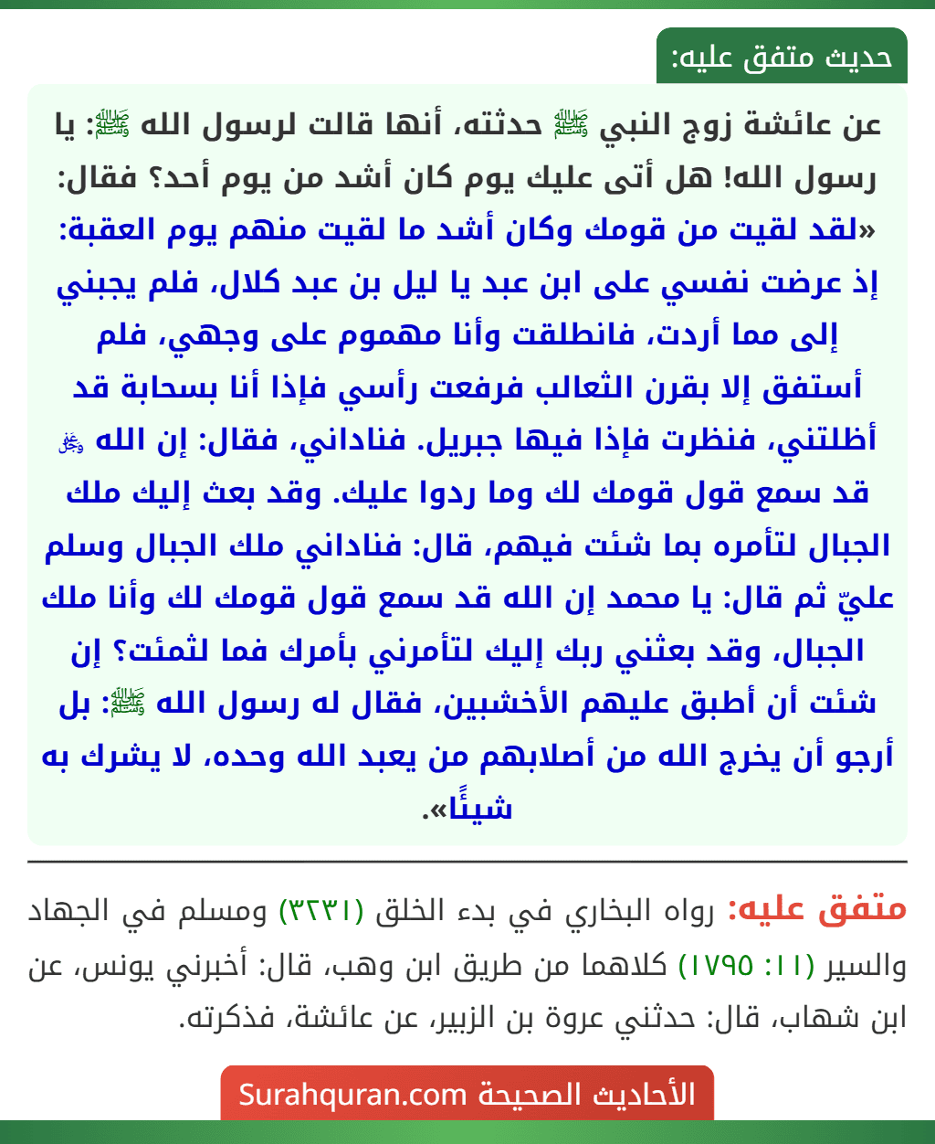 عن عائشة زوج النبي ﷺ حدثته، أنها قالت لرسول الله ﷺ: يا رسول الله! هل أتى عليك يوم كان أشد من يوم أحد؟ فقال: «لقد لقيت من قومك وكان أشد ما لقيت منهم يوم العقبة: إذ عرضت نفسي على ابن عبد يا ليل بن عبد كلال، فلم يجبني إلى مما أردت، فانطلقت وأنا مهموم على وجهي، فلم أستفق إلا بقرن الثعالب فرفعت رأسي فإذا أنا بسحابة قد أظلتني، فنظرت فإذا فيها جبريل. فناداني، فقال: إن الله ﷿ قد سمع قول قومك لك وما ردوا عليك. وقد بعث إليك ملك الجبال لتأمره بما شئت فيهم، قال: فناداني ملك الجبال وسلم عليّ ثم قال: يا محمد إن الله قد سمع قول قومك لك وأنا ملك الجبال، وقد بعثني ربك إليك لتأمرني بأمرك فما لثمئت؟ إن شئت أن أطبق عليهم الأخشبين، فقال له رسول الله ﷺ: بل أرجو أن يخرج الله من أصلابهم من يعبد الله وحده، لا يشرك به شيئًا».