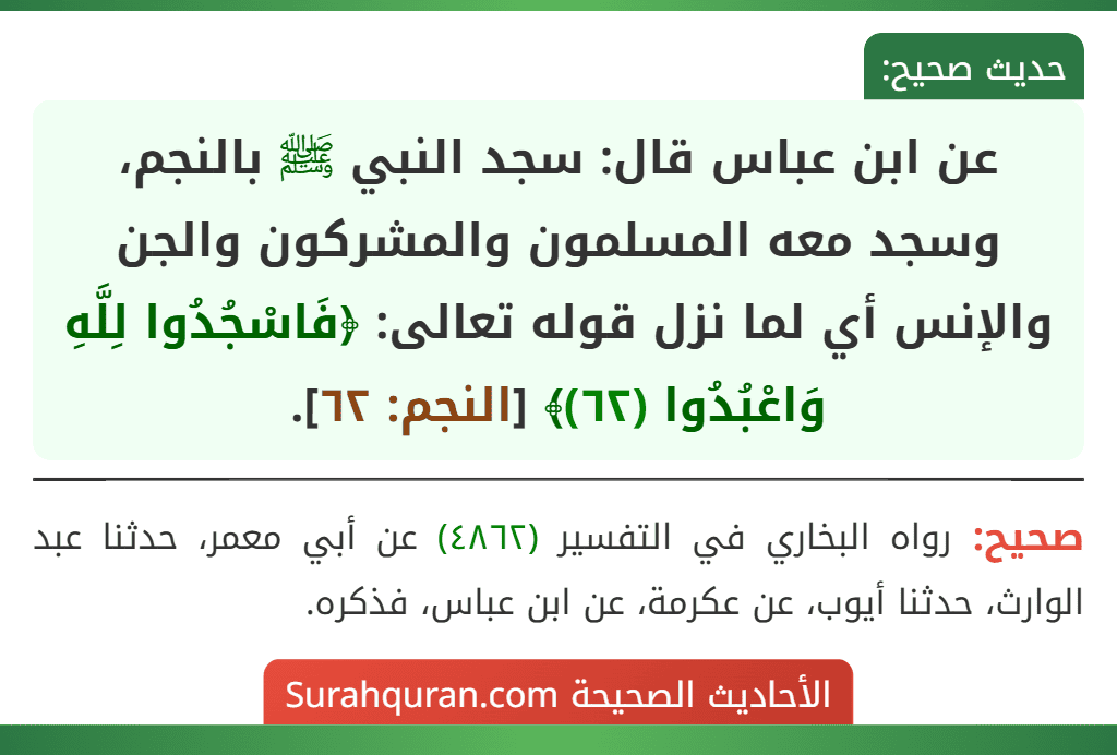 عن ابن عباس قال: سجد النبي ﷺ بالنجم، وسجد معه المسلمون والمشركون والجن والإنس أي لما نزل قوله تعالى: ﴿فَاسْجُدُوا لِلَّهِ وَاعْبُدُوا (٦٢)﴾ [النجم: ٦٢].