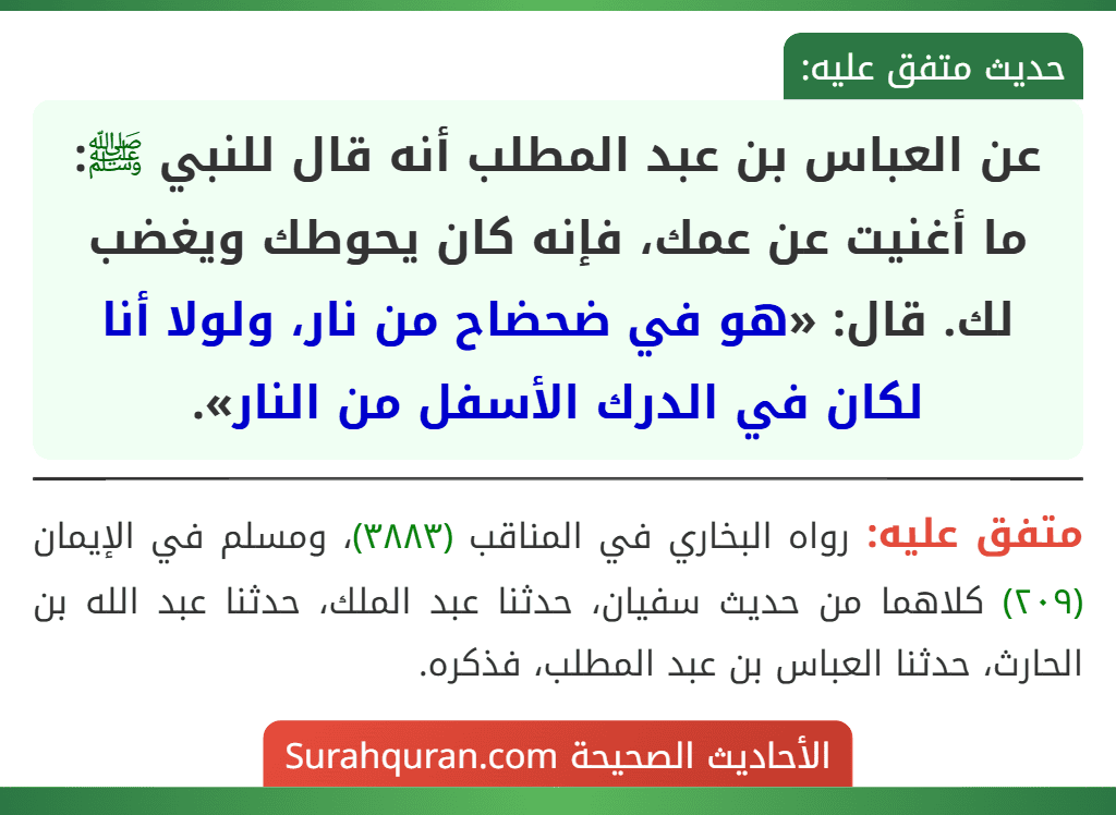 عن العباس بن عبد المطلب أنه قال للنبي ﷺ: ما أغنيت عن عمك، فإنه كان يحوطك ويغضب لك. قال: «هو في ضحضاح من نار، ولولا أنا لكان في الدرك الأسفل من النار».