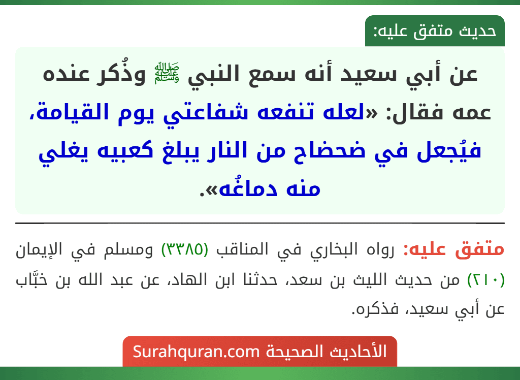 عن أبي سعيد أنه سمع النبي ﷺ وذُكر عنده عمه فقال: «لعله تنفعه شفاعتي يوم القيامة، فيُجعل في ضحضاح من النار يبلغ كعبيه يغلي منه دماغُه». عن أبي سعيد أنه سمع النبي ﷺ وذُكر عنده عمه فقال: «لعله تنفعه شفاعتي يوم القيامة، فيُجعل في ضحضاح من النار يبلغ كعبيه يغلي منه دماغُه».